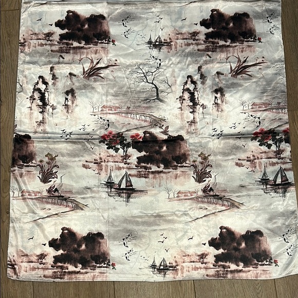 100% Silk Scarf Shaw Wrap Toile Gray Brown, Pink Floral, Boats, Tree - Picture 2 of 11